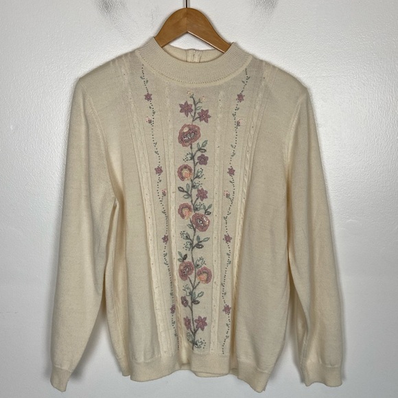 Alfred Dunner Sweaters - Alfred Dunner Wool Blend Embroidered Sweater Mock Neck Size L Preppy Cottagecore